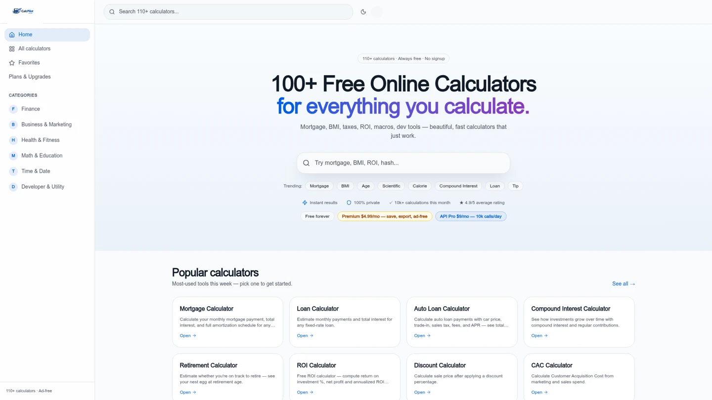 CalcPilot.tools landing page