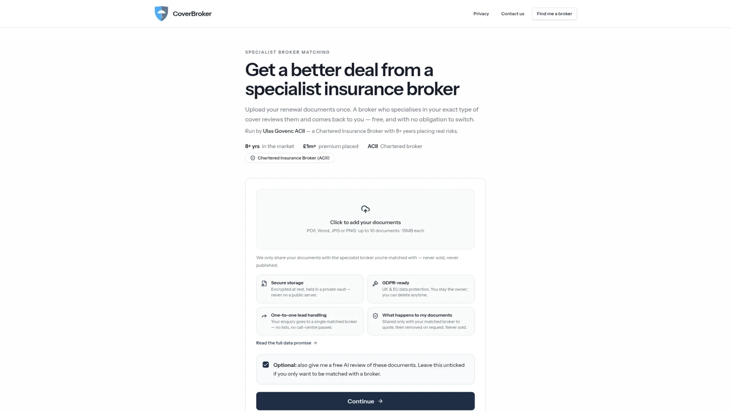 CoverBroker landing page