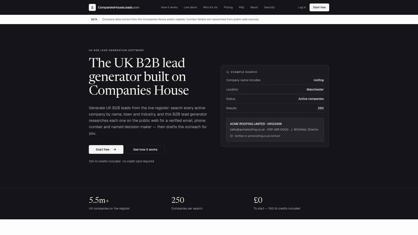 Companies House Leads landing page