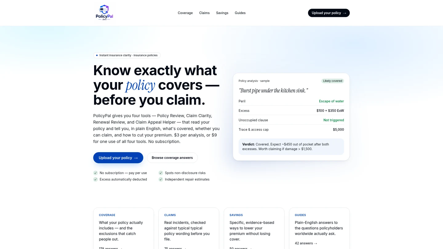 PolicyPal App landing page